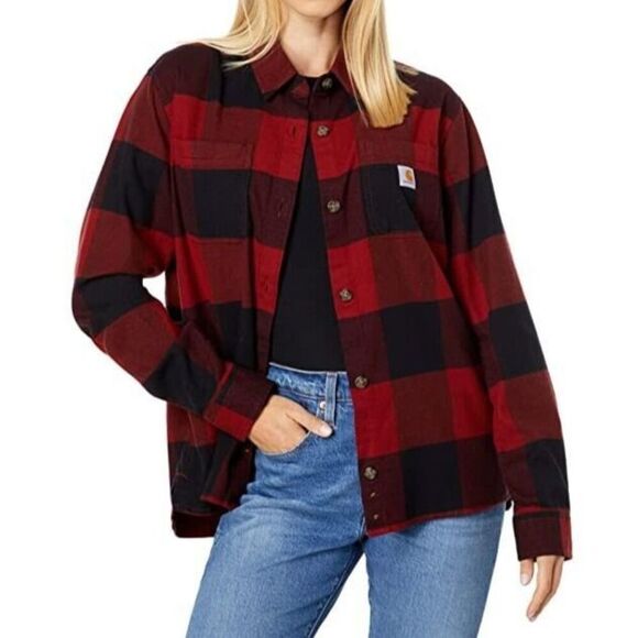 Carhartt Women Sz XL Red Plaid Rugged Flex Loose Fit Midweight Flannel L/S Shirt - Picture 8 of 9